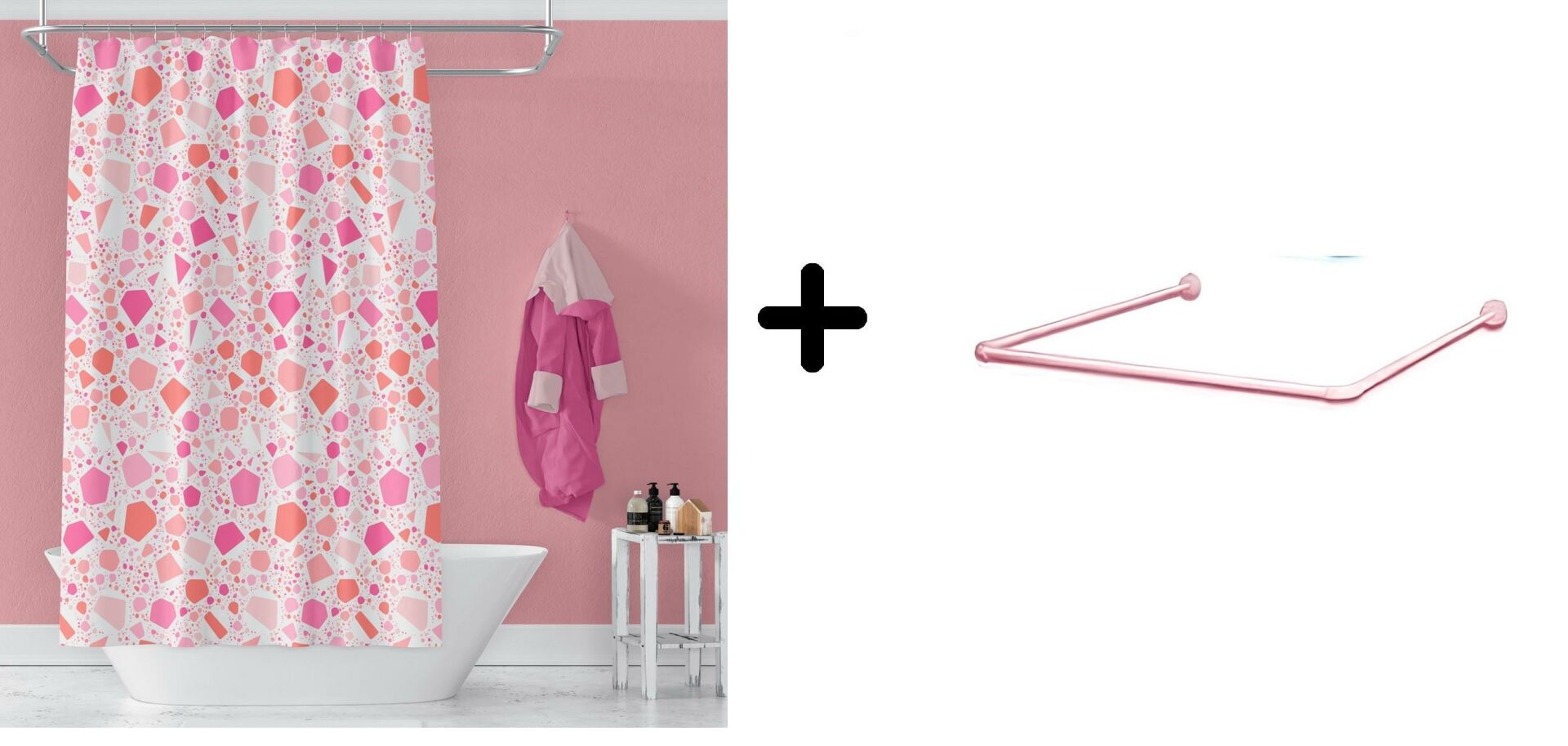 Banyo Perdesi 6811 1x180x200, Perde Borusu Askı Aparatı Köşe Boru Pembe Hediyeli, Duş Perdesi Seti