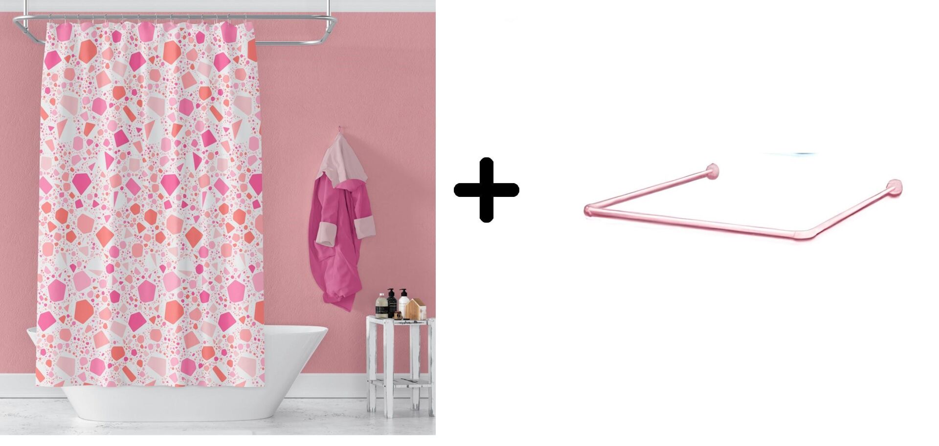 Banyo Perdesi 6811 1x180x200, Perde Borusu Askı Aparatı Köşe Boru Pembe Hediyeli, Duş Perdesi Seti