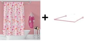 Banyo Perdesi 6811 1x180x200, Perde Borusu Askı Aparatı Köşe Boru Pembe Hediyeli, Duş Perdesi Seti