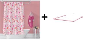 Banyo Perdesi 6811 1x180x200, Perde Borusu Askı Aparatı Köşe Boru Pembe Hediyeli, Duş Perdesi Seti