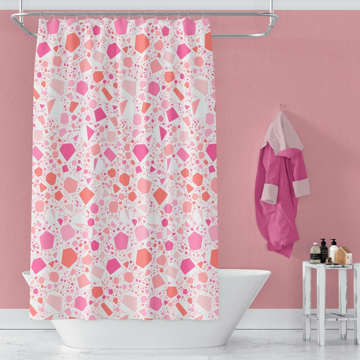 Banyo Perdesi 6811 1x180x200, Perde Borusu Askı Aparatı Köşe Boru Pembe Hediyeli, Duş Perdesi Seti