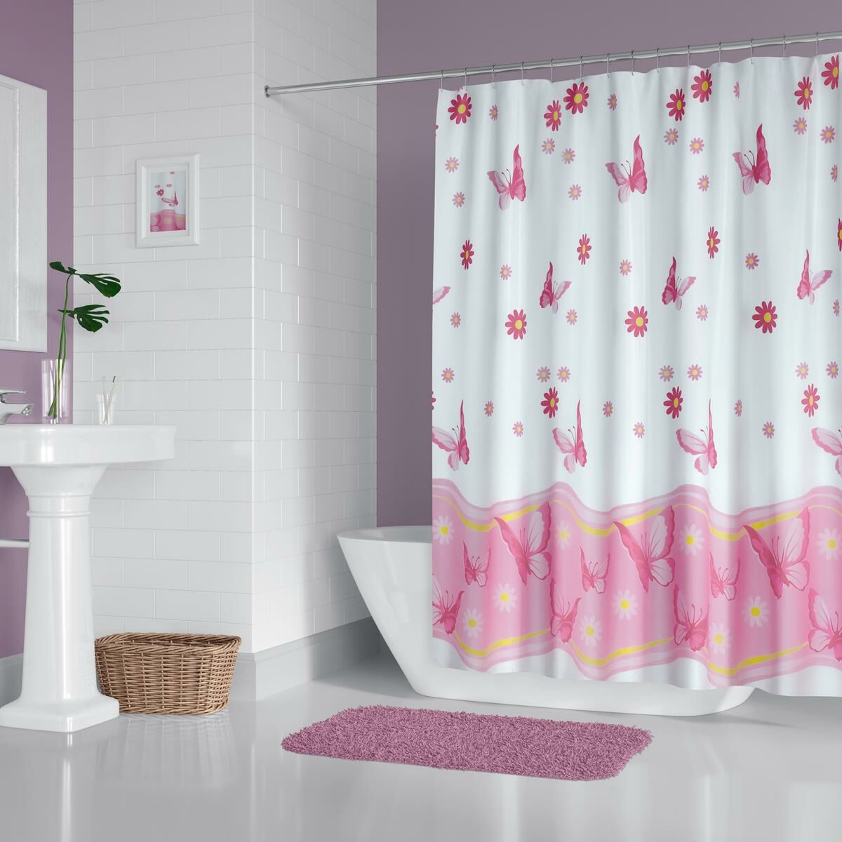 Banyo Perdesi 6020 1x180x200, Perde Borusu Askı Aparatı Köşe Boru Pembe Hediyeli, Duş Perdesi Seti