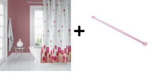 Zethome Banyo Duş Perdesi 7017 180x200 Perde Borusu Askı Aparatı Pembe 160x260 Hediyeli