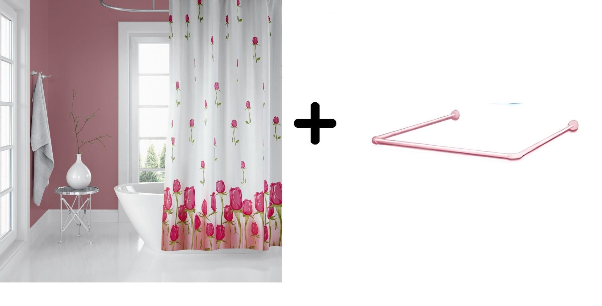 Banyo Perdesi 7017 1x180x200, Perde Borusu Askı Aparatı Köşe Boru Pembe Hediyeli, Duş Perdesi Seti