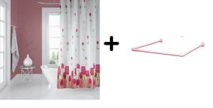 Banyo Perdesi 7017 1x180x200, Perde Borusu Askı Aparatı Köşe Boru Pembe Hediyeli, Duş Perdesi Seti