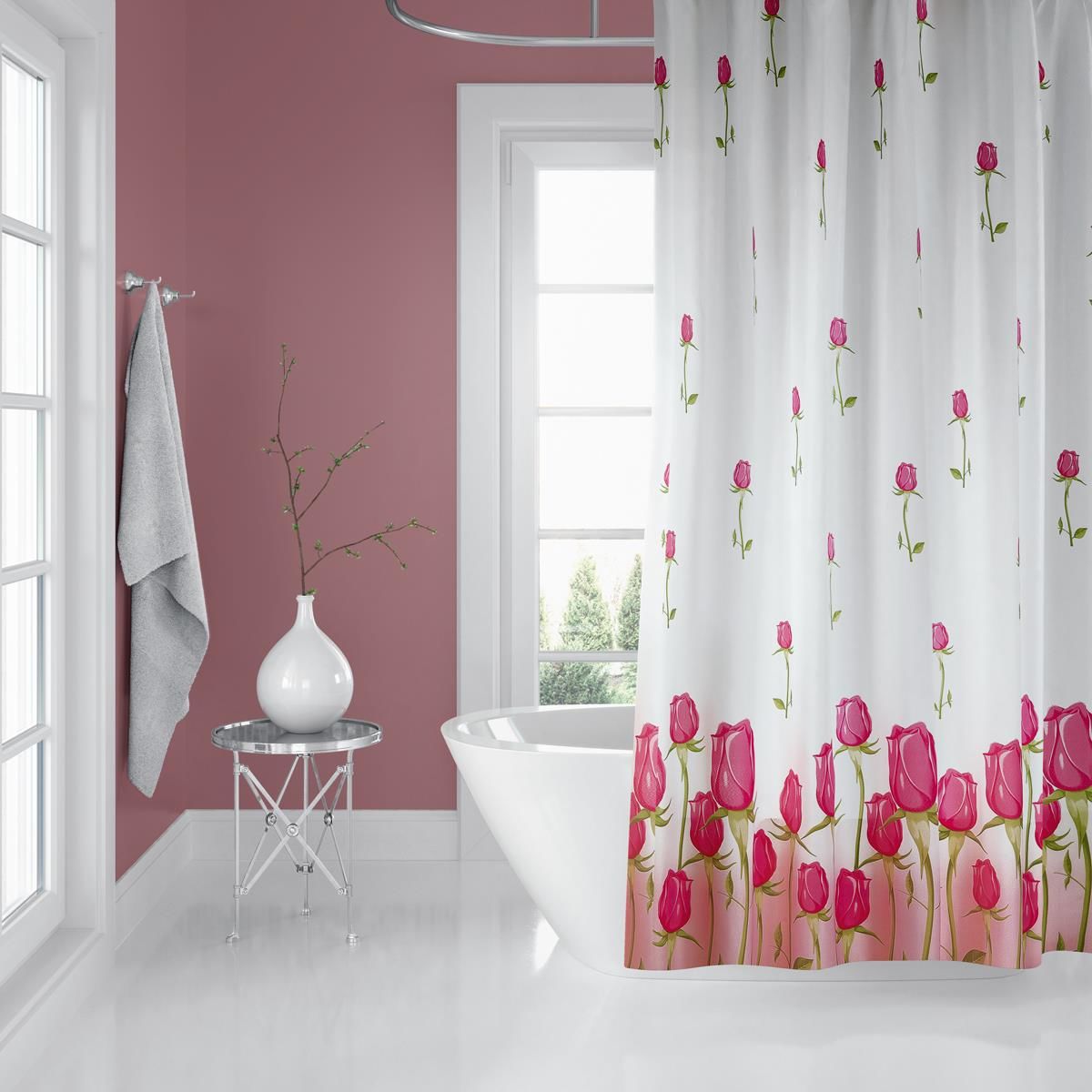 Banyo Perdesi 7017 1x180x200, Perde Borusu Askı Aparatı Köşe Boru Pembe Hediyeli, Duş Perdesi Seti