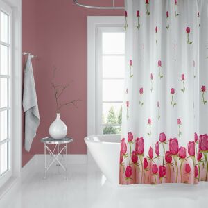 Banyo Perdesi 7017 1x180x200, Perde Borusu Askı Aparatı Köşe Boru Pembe Hediyeli, Duş Perdesi Seti