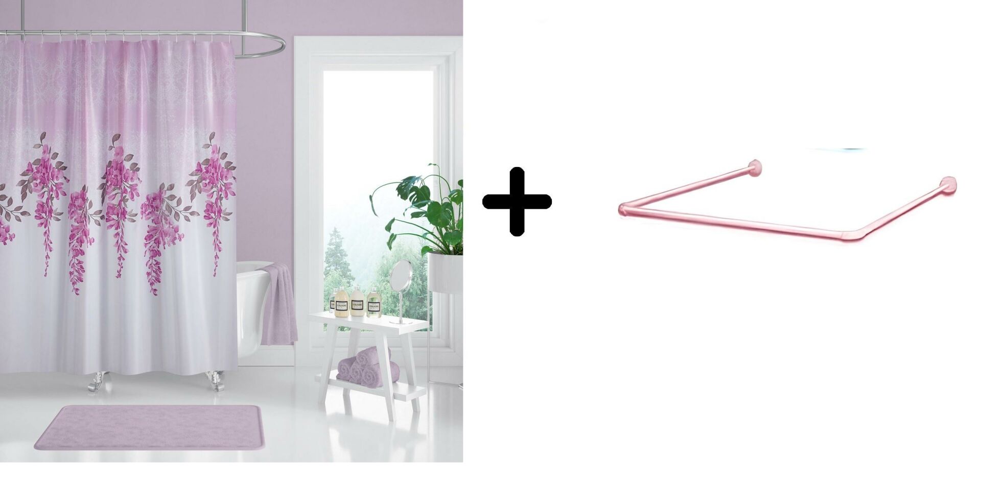 Banyo Perdesi 7359 1x180x200, Perde Borusu Askı Aparatı Köşe Boru Pembe Hediyeli, Duş Perdesi Seti