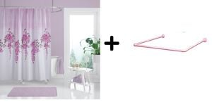 Banyo Perdesi 7359 1x180x200, Perde Borusu Askı Aparatı Köşe Boru Pembe Hediyeli, Duş Perdesi Seti