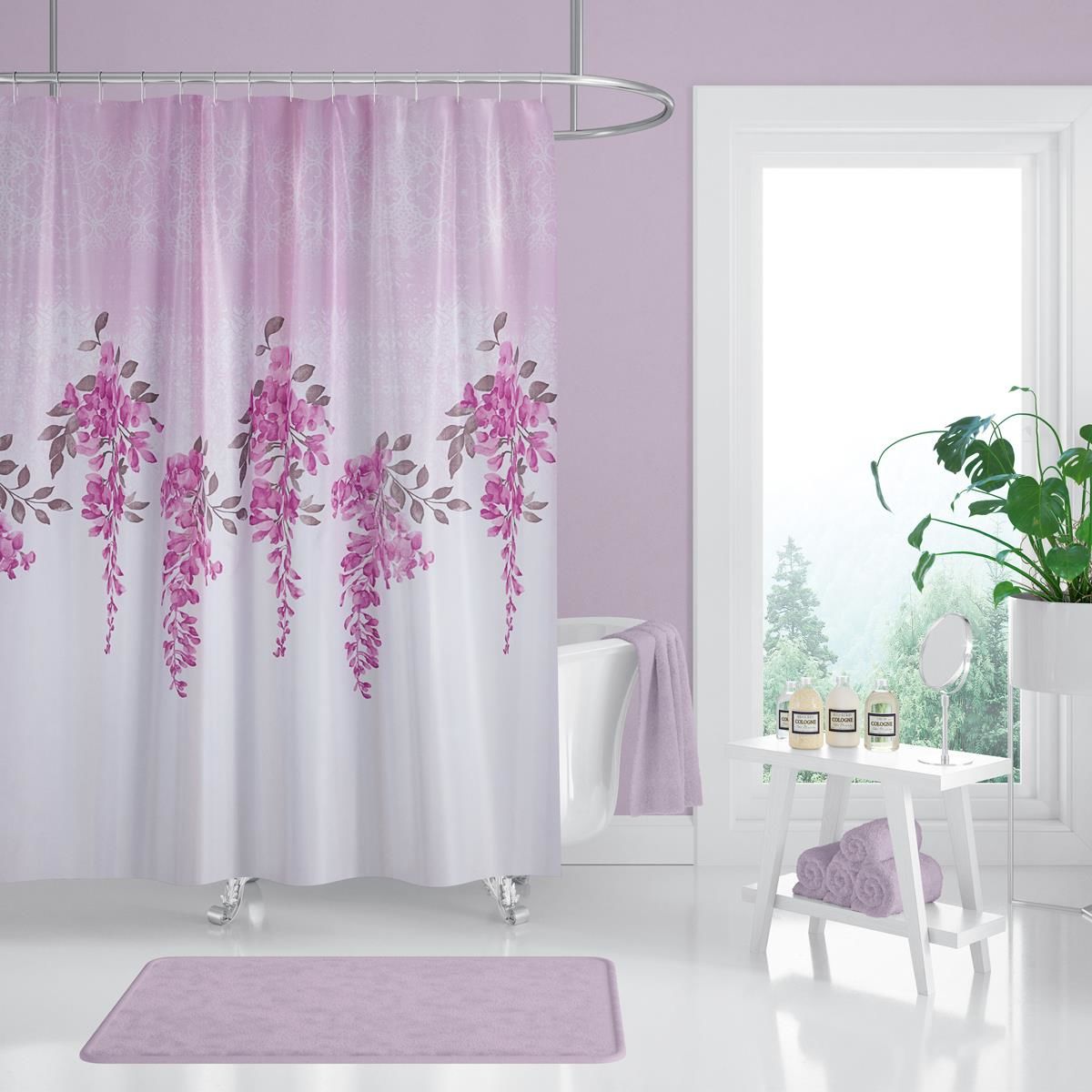 Banyo Perdesi 7359 1x180x200, Perde Borusu Askı Aparatı Köşe Boru Pembe Hediyeli, Duş Perdesi Seti