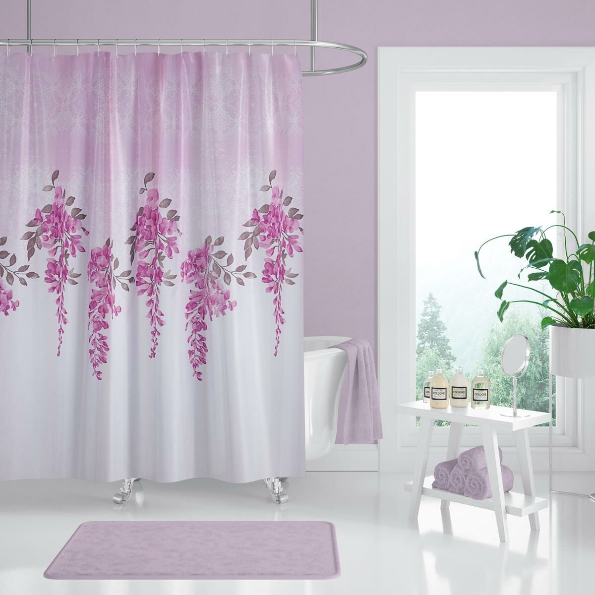 Banyo Perdesi 7359 1x180x200, Perde Borusu Askı Aparatı Köşe Boru Pembe Hediyeli, Duş Perdesi Seti