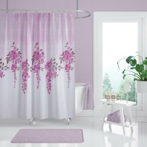 Banyo Perdesi 7359 1x180x200, Perde Borusu Askı Aparatı Köşe Boru Pembe Hediyeli, Duş Perdesi Seti