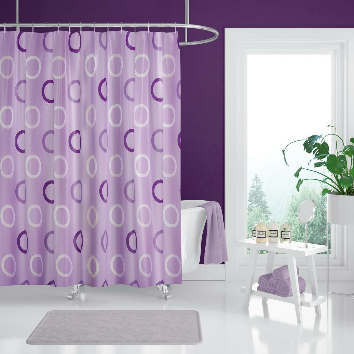 Banyo Perdesi 5033 Lila 1x180x200, Perde Borusu Askı Aparatı Köşe Boru Pembe Hediyeli, Duş Perdesi Seti