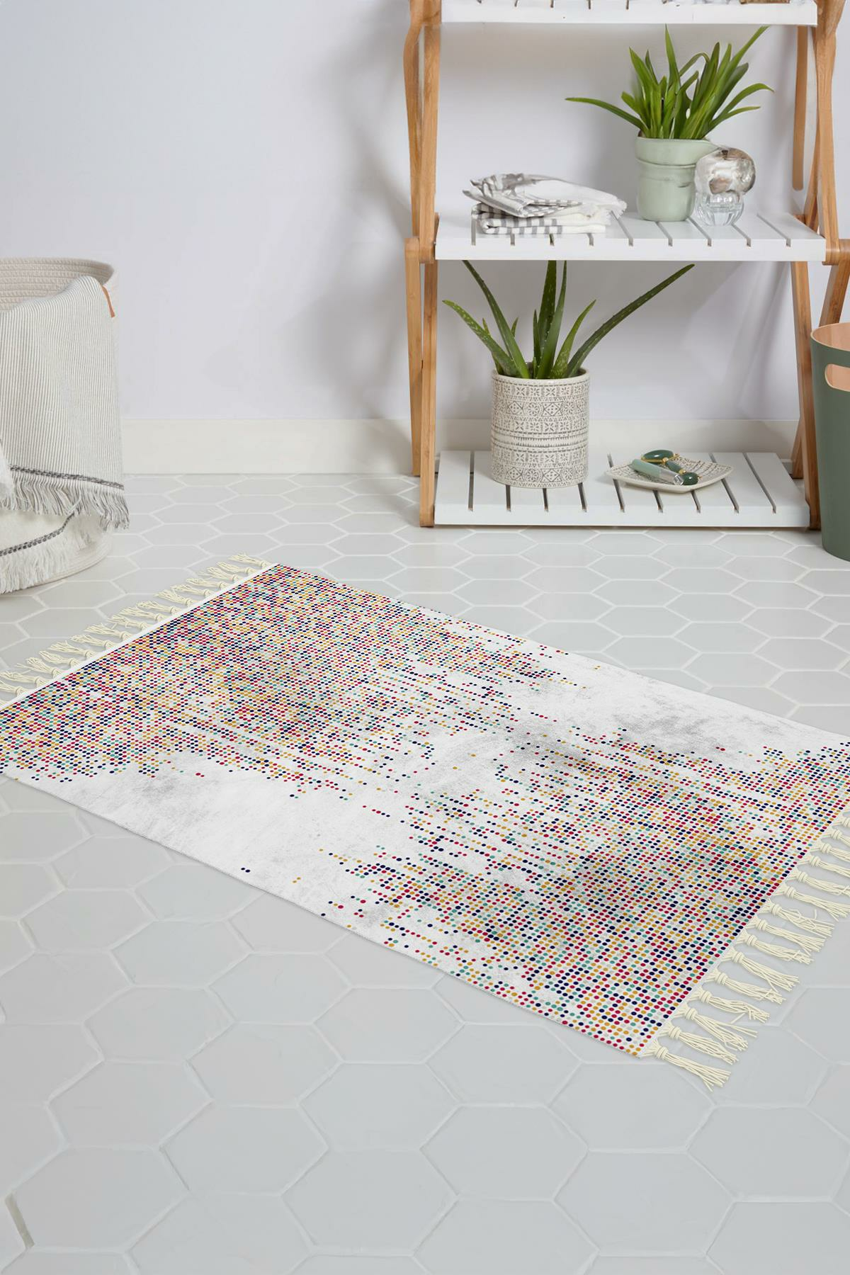 Banyo Halısı Dijital Baskılı Banyo Paspası 50x80 Polyester Kaymaz Tabanlı Duş Paspası Dotted