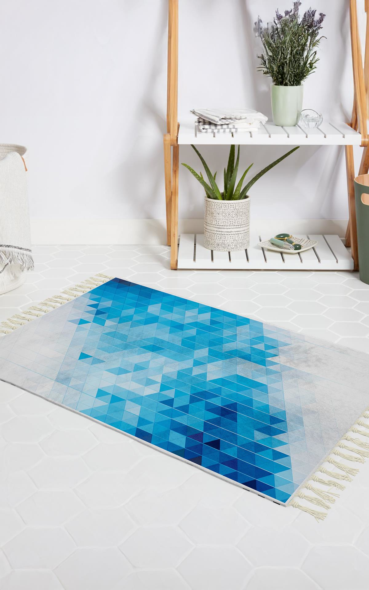 Banyo Halısı Dijital Baskılı Banyo Paspası 50x80 Polyester Kaymaz Tabanlı Duş Paspası Blue Square