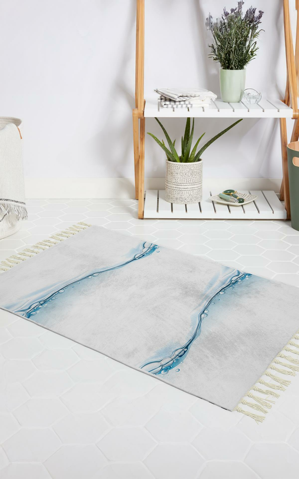 Banyo Halısı Dijital Baskılı Banyo Paspası 50x80 Polyester Kaymaz Tabanlı Duş Paspası Waterdrop