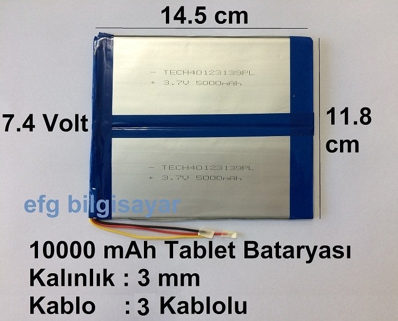 10000 mah 7.4v Tablet Pc bataryası 14.5 x 11.8 cm arası 3 kablolu