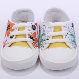 Kız Bebek Sarı Beyaz Çiçek Desenli Bağcıklı Ayakkabı