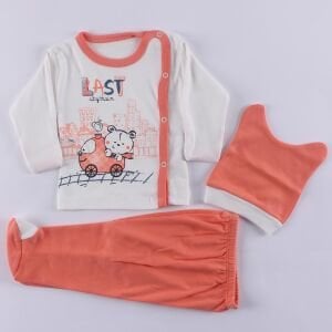 Kız Bebek Ekru Turuncu  Trende Ayıcık Baskılı 3'lü Pijama Takımı