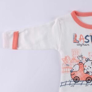 Kız Bebek Ekru Turuncu  Trende Ayıcık Baskılı 3'lü Pijama Takımı