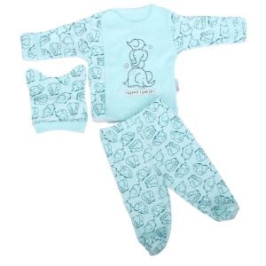 Unisex Su Yeşili Mutlu Fil Baskılı 3'lü Pijama Takımı 0-3 Ay