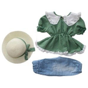Kız Çocuk Yeşil Kirazlı Yakalı Şapkalı Takım