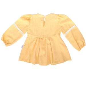 Kız Bebek Sarı Fiyonklu Dantelli Keten Elbise
