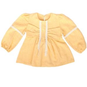 Kız Bebek Sarı Fiyonklu Dantelli Keten Elbise