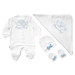 İsme Özel Mavi Nakışlı Bereli Eldivenli Erkek Bebek Tulum + Battaniye