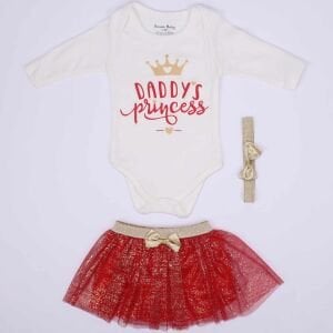 Kız Bebek Daddy's Princess Yazılı Simli Tüllü Kırmızı Etekli 3'lü Takım