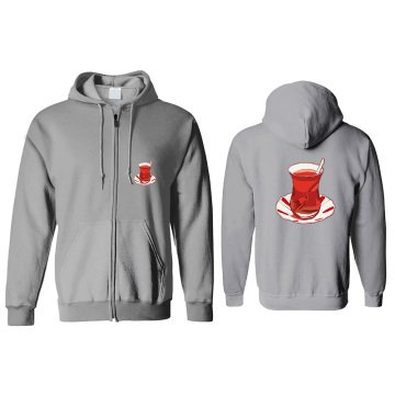 Türk Çayı Kapşonlu Fermuarlı Sweatshirt Ön Arka Baskılı