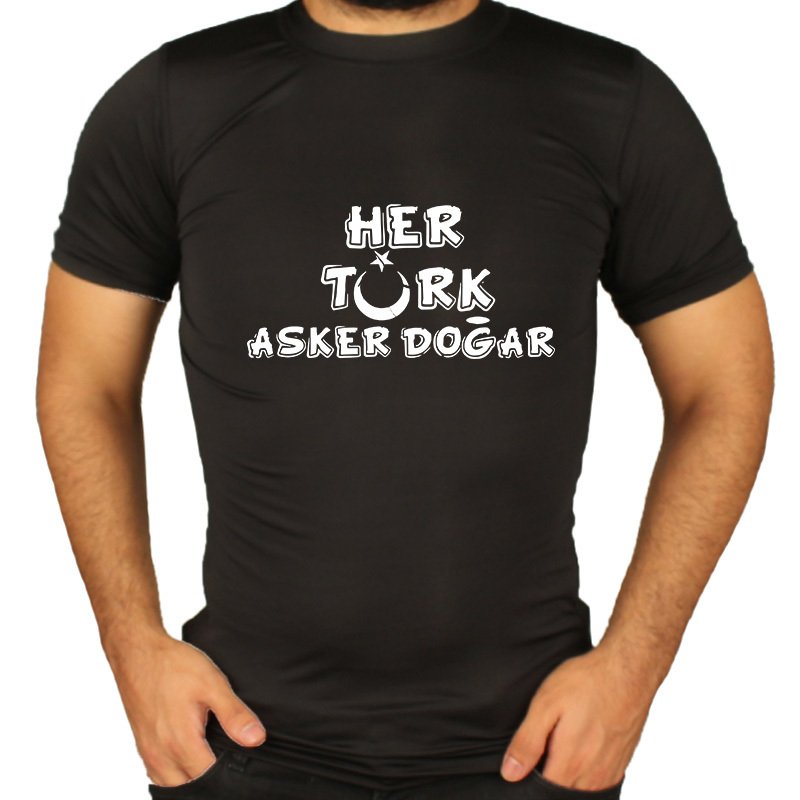 Her Türk Asker Doğar Siyah Kısa Kollu Askeri Termal Tişört