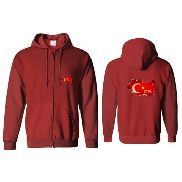 Türkiye Bayrağı Kapşonlu Fermuarlı Sweatshirt Ön Arka Baskılı