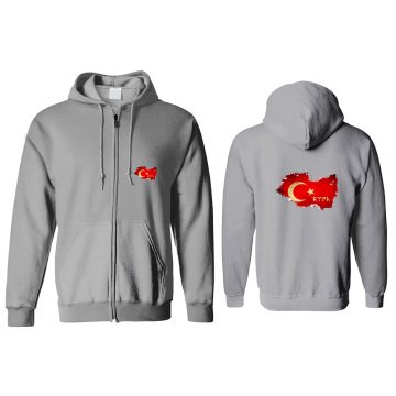 Türkiye Bayrağı Kapşonlu Fermuarlı Sweatshirt Ön Arka Baskılı