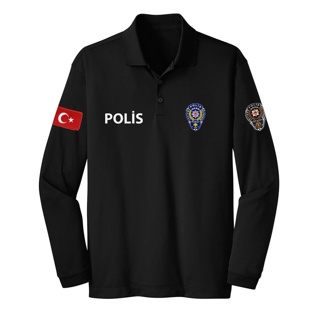 Polis Askeri Polo Yaka Uzun Kol Tişört Peç'li Siyah - 2XL