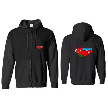 Türkiye Azerbaycan Kapşonlu Fermuarlı Sweatshirt Ön Arka Baskılı