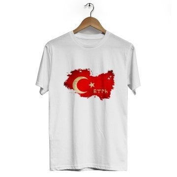 Türk Bayrağı Yazılı Bisiklet Yaka Kısa Kol Tişört