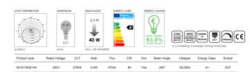 TOSHIBA 6,5W(40W) 2700K SARI DİMLİ E27 LED AMPUL 6'LI PAKET