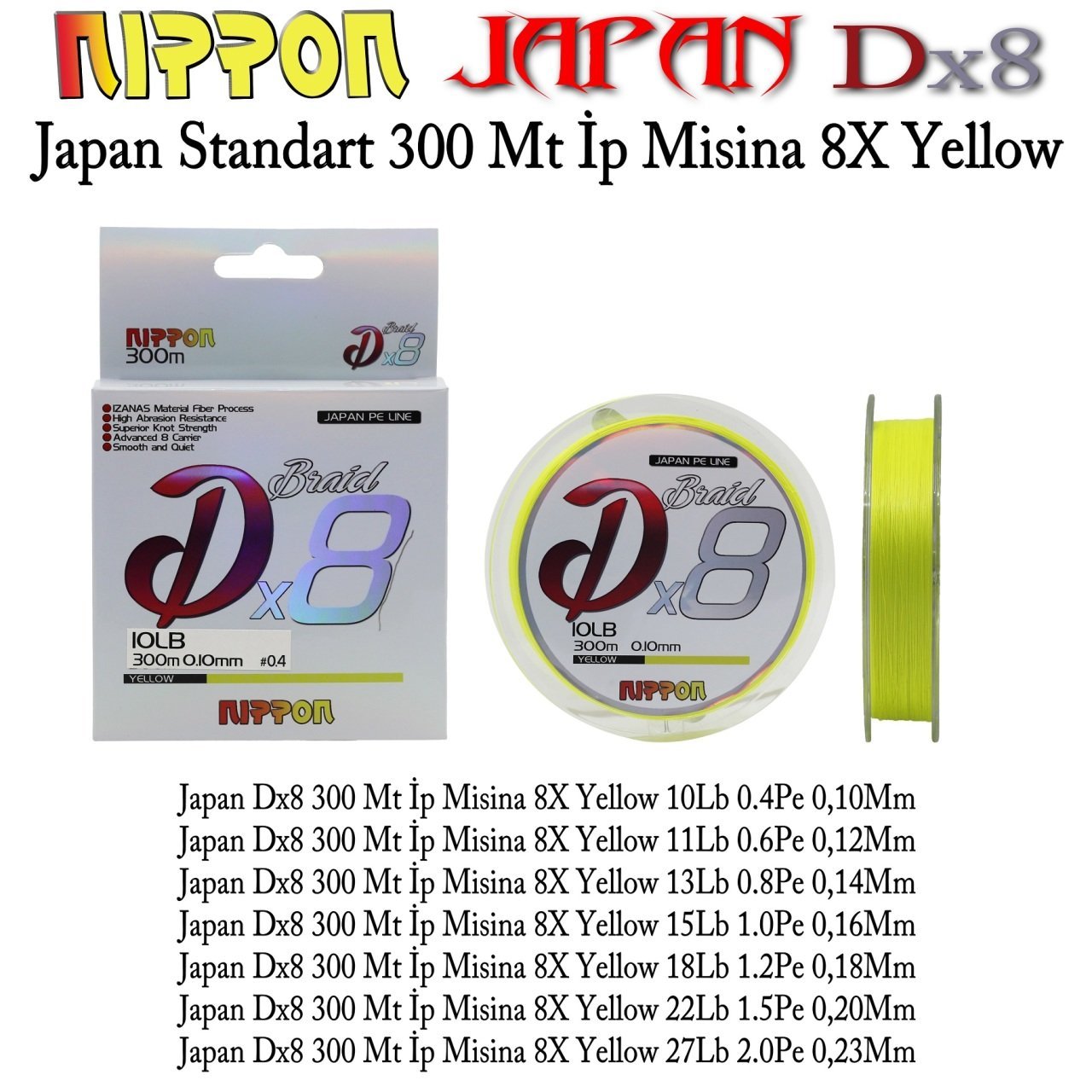 Japan Dx8 300 Mt İp Misina 8X Yellow 0,18 mm