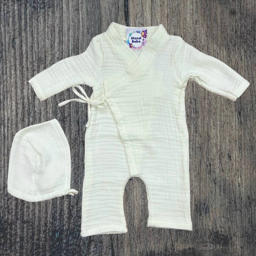 Bağlamalı-Dört Kat Müslin Kumaş Tulum- 0.3 Ay- Krem Renk