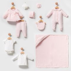 Pembe Brodeli Dantelli Müslin Kız Hastane Çıkışı- 10 Parça