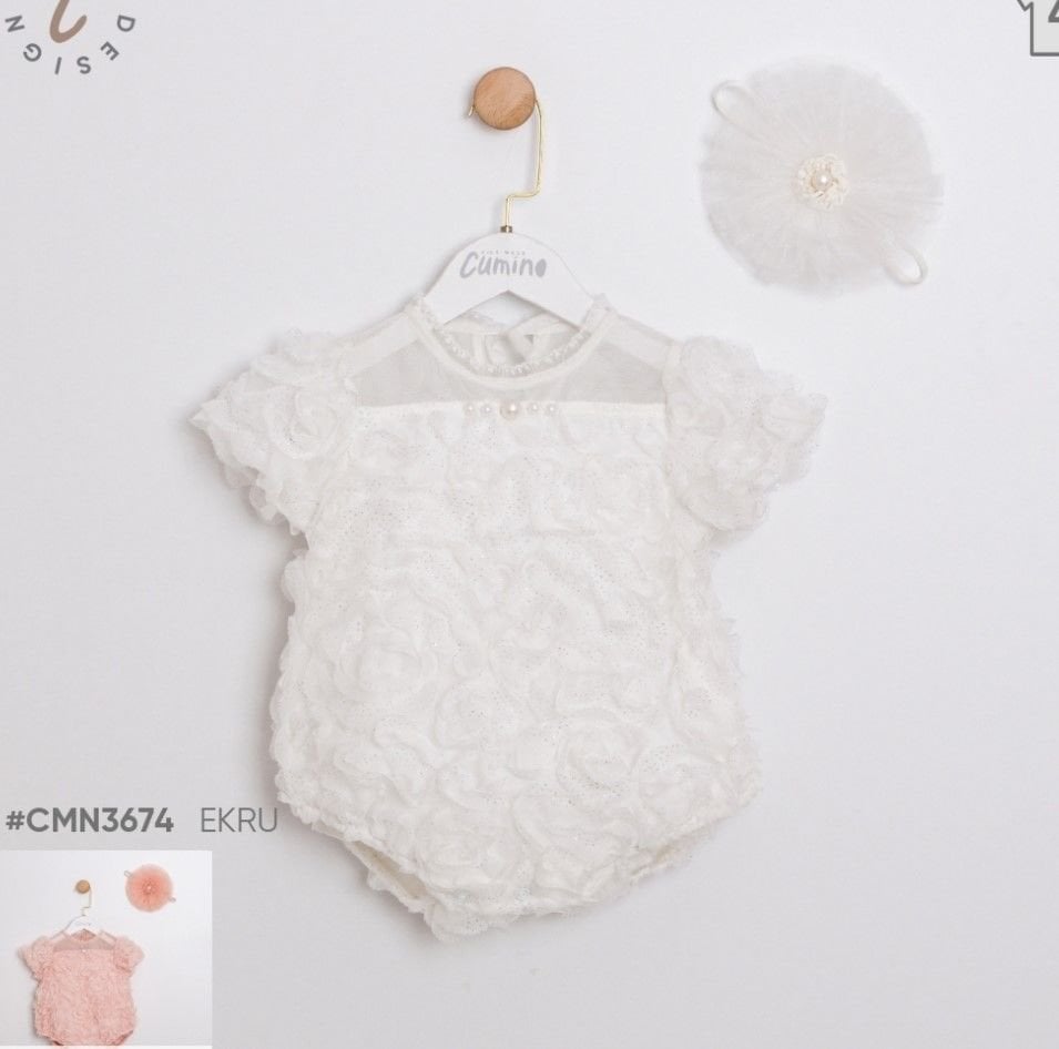 Çiçekli İncili Romper ve Bandana