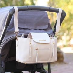 Deri Bebek Arabasına Uyumlu Anne-Bebek Çantası- Krem Rengi