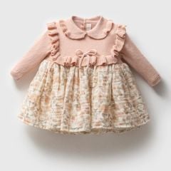 Pembe Müslin Etekli Triko Elbise