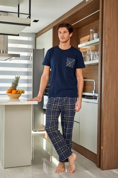 Kısa Kol Ekose Desen Erkek Battal Boy Pijama Takım CossybyAqua 24919