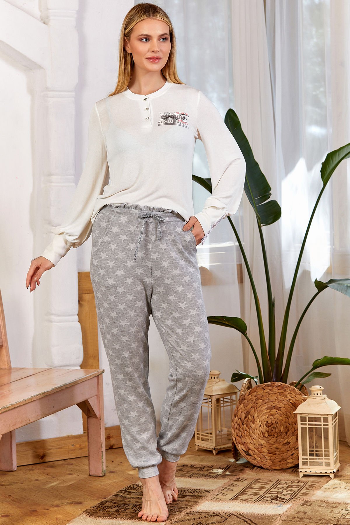 Bilek Bantlı Desenli Uzun Kol Pijama Takımı CossybyAqua 24013