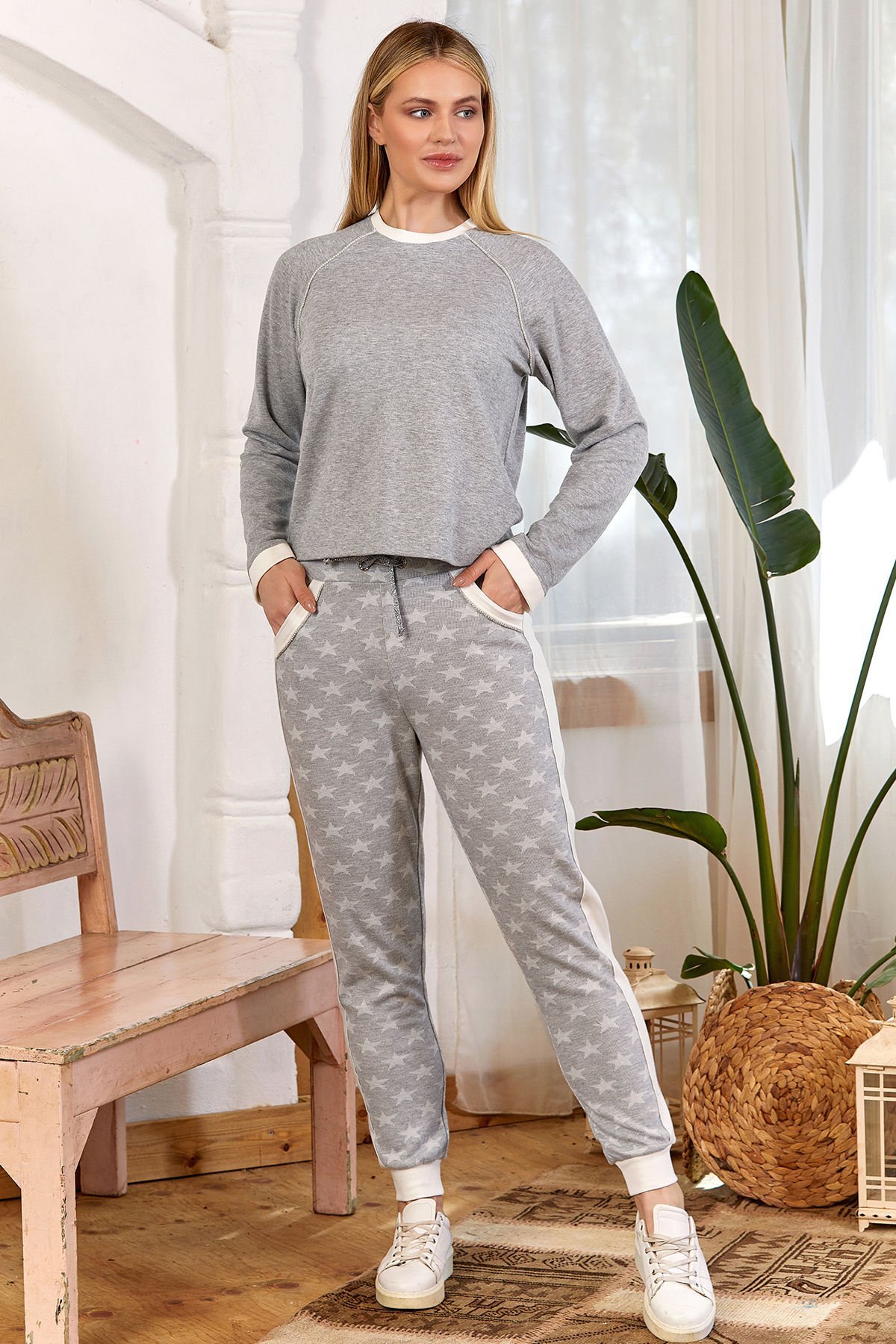 Desen Detay Bilek Bantlı Pijama Takımı CossybyAqua 24016