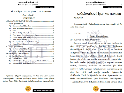 Ticaret İşletme ve Şirketler Hukuku Amfi 1 1. Dönem Not Seti (2020-2021)-DEÜ-Konu Anlatım Kitapçığı