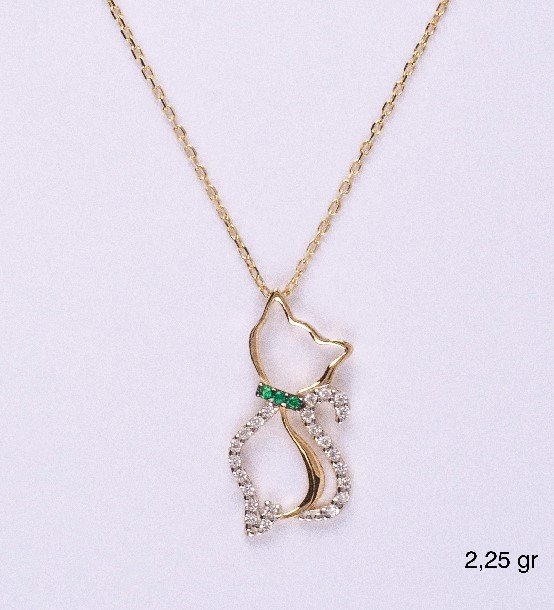 Taşlı Kedi 14 Ayar Altın Kolye