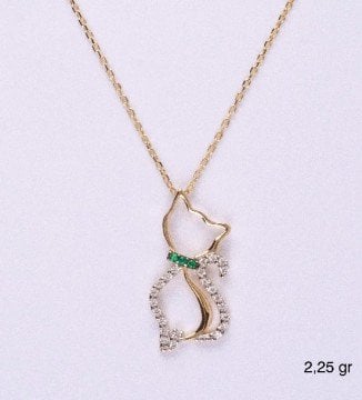 Taşlı Kedi 14 Ayar Altın Kolye